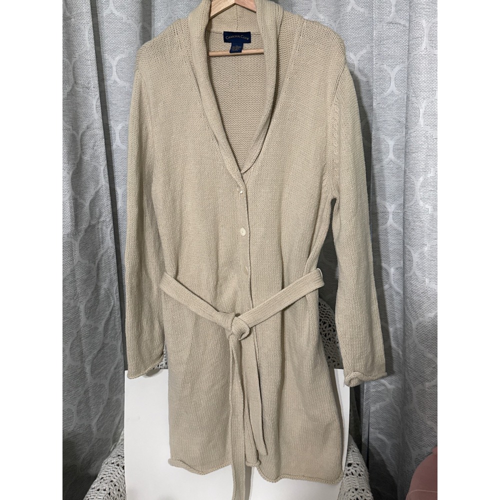 Charter Club Womens XL Cream Beige Cotton Blend Shawl Collar Belted Cardigan